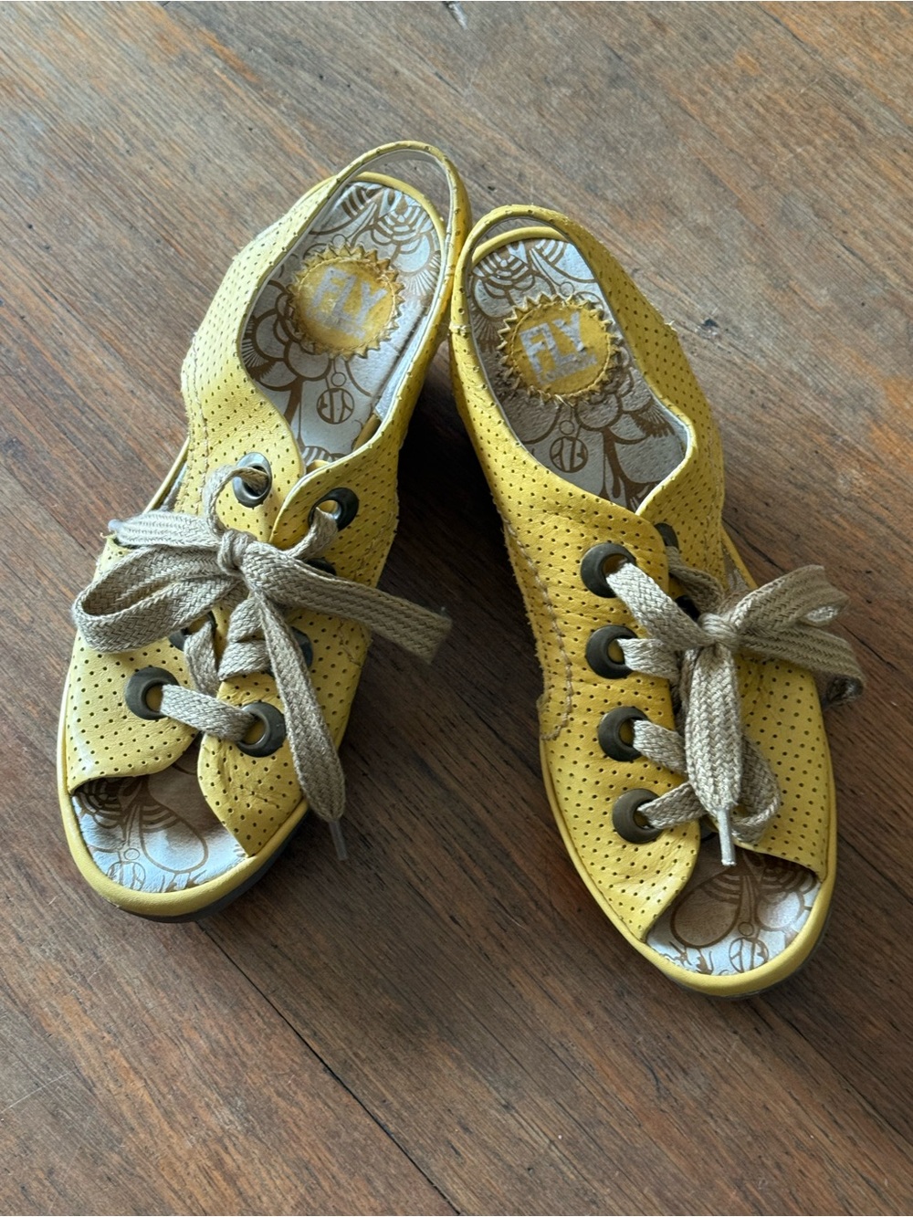 Fly London Yellow Perforated Lace-Up Slingback Sandals